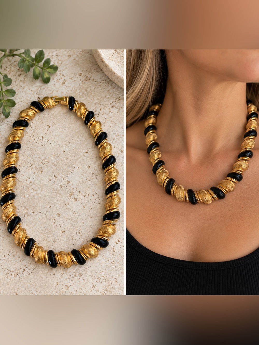Vintage 1970s Style Black & Gold Chunky Statement Necklace
